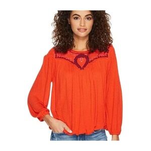 Free People Begonia Top Women XS Orange Embroidered Boho Peasant Long Sleeve EUC